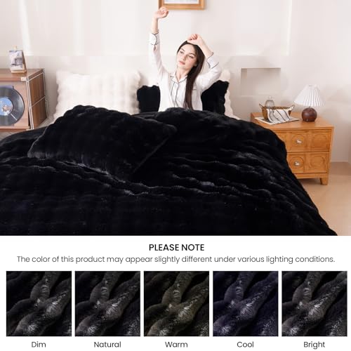 Fluffy Black Duvet Cover Twin Set, Soft Shaggy Plush Rabbit Bedding Set 2 Pieces (1 Fuzzy Comforter Cover + 1 Faux Fur Pillow Cases) Zipper Closure（Black, Twin） - color: Black, size: Twin
