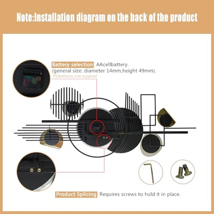 ERMOFAV Metal Wall Art, Black and White Decor for Living Room, Abstract Modern Creative Geometric Round Art Decor 57" × 23" Large 3D Wall Clock for Bedroom, Dining Room, Home Hanging Wall Sculpture