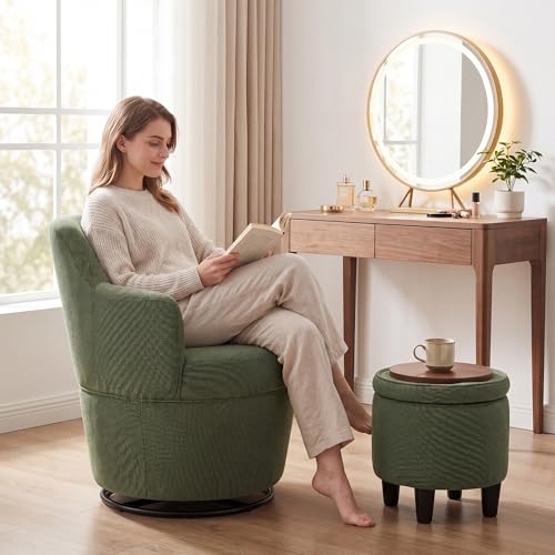 LOULENS Swivel Accent Chair with Storage Ottoman, Linen,Green | Small, Barrel, Reading Chair, Vanity Chair, Comfy Single Sofa, Armchair, For Living Room, Bedroom - color: Green