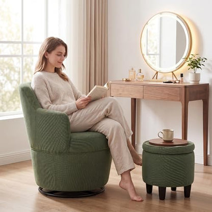 LOULENS Swivel Accent Chair with Storage Ottoman, Linen,Green | Small, Barrel, Reading Chair, Vanity Chair, Comfy Single Sofa, Armchair, For Living Room, Bedroom - color: Green