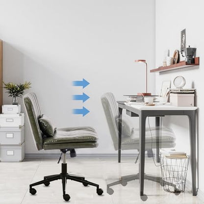 TUNYI Criss Cross Chair with Wheels Armless Wide Cross Legged Office Chair Swivel Height Adjustable Computer Task Vanity Chair with Pillow for Home Office, Dressing Room (Dark Green) - color: Dark Green