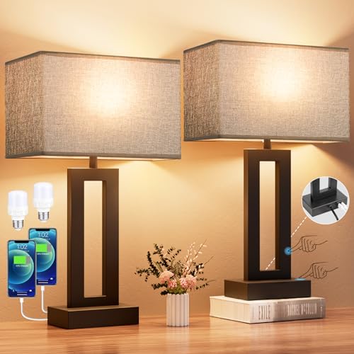 Seealle Nightstand Table Lamps for Bedrooms Set of 2 - Touch Bedside Lamp with USB C+A, 3 Way Dimmable Living Room End Tables 2, Modern Night Stand Bed Side Guest Room(Grey) B. Grey - color: B. Grey&Black, size: Medium(19.6in)
