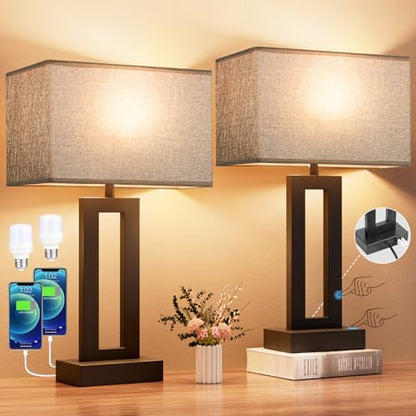 Seealle Nightstand Table Lamps for Bedrooms Set of 2 - Touch Bedside Lamp with USB C+A, 3 Way Dimmable Living Room End Tables 2, Modern Night Stand Bed Side Guest Room(Grey) B. Grey - color: B. Grey&Black, size: Medium(19.6in)