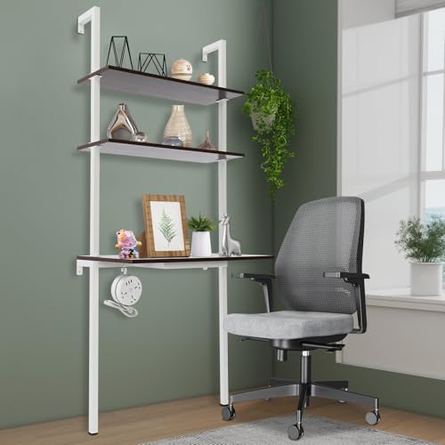 Industrial Wall Mount Desk, 3-Tier Ladder Computer Desk, 30inch Floating Computer Writing Table with Storage Shelves for Home Office Small Spaces (Brown+White) - color: Brown+white