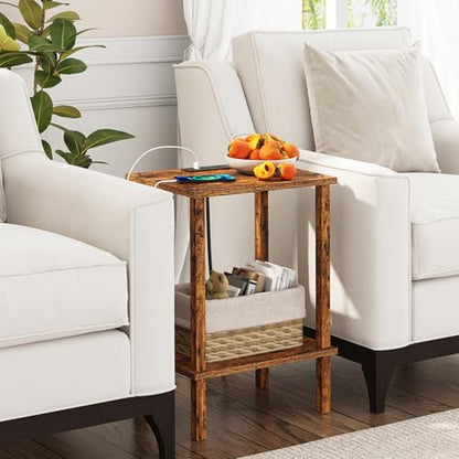 TUTOTAK End Table with Charging Station, Side Table Set of 2, Nightstand | 2-Tier Storage Shelf, Bedside Table with USB Ports, Sofa Table for Small Space, Livingroom, Bedroom Brown TB01BB041C - color: Pure Brown