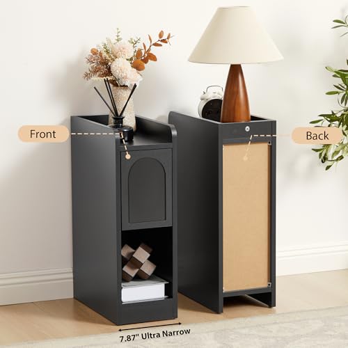 Narrow Nightstands Set of 2, Slim Bedside Tables with Raised Edge Top, Arched Drawer & Open Shelf, Modern Wooden Small End Tables for Bedroom Small Spaces (2, Black) - color: Black-arched Drawer, size: 2-Pack