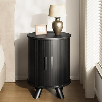 Round End Table with Storage - Fluted Side Table with Charging Station, Wood Nightstand with Sliding Tambour Door for Bedroom, Accent End Tables Living Room, Modern Bedside Table, Black