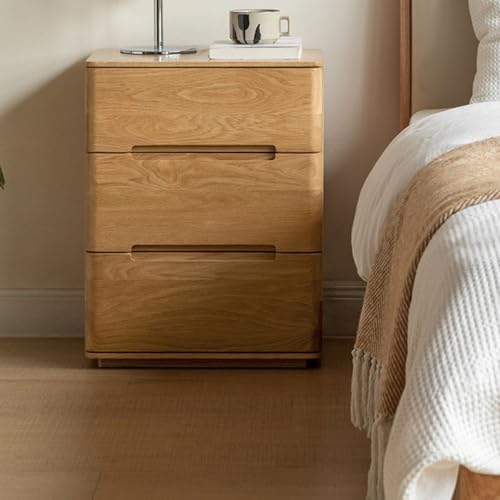 Solid White Oak Wood Nightstand, Natural Wood Night Stand with Three Drawers, Wood Chest Drawers with Storage, Modern Nightstand for Bedroom (Without Lock) - color: Natural-23"h