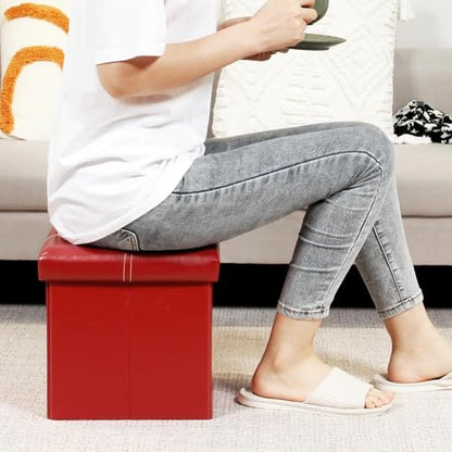 B FSOBEIIALEO Folding Storage Ottoman Cube, Faux Leather Footrest Seat Coffee Table, Red 11.8"x11.8"x11.8" - color: Red 11.8"x11.8"x11.8"