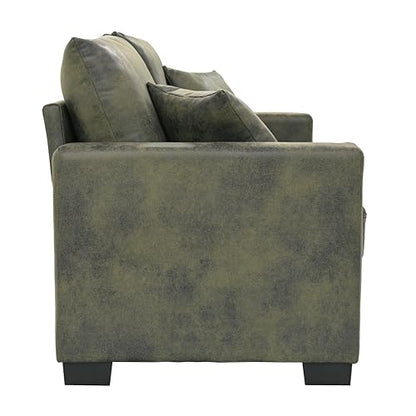 Eafurn 69" Small Loveseat Sofa Couch, Mid-Century Modern PU Leather 2-Seater Sofa with Wood Frame & 2 Pillows, Compact Space-Saving Couch for Living Room, Apartment, Office - color: Olive Green 69"