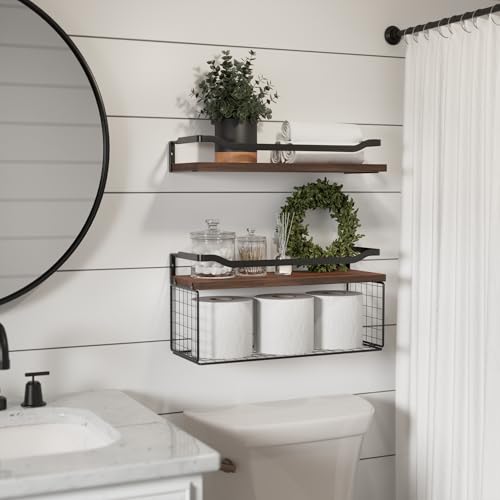 Floating Shelves with Wire Storage Basket, Bathroom Shelves Over Toilet with Protective Metal Guardrail, Wood Wall Shelves for Bathroom, Bedroom, Living Room, Toilet Paper- Dark Brown - color: Dark Brown