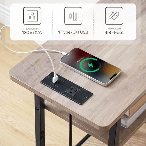 HOOBRO Side Table, Narrow End Table with Shelf, Charging Station, Wide Storage Tabletop, 3-Tier Bedside Tables for for Small Spaces, Living Room, Bedroom, Greige and Black BG366UBZ01 - color: Greige + Black