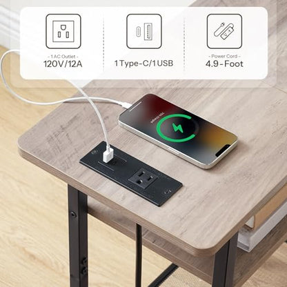 HOOBRO Side Table, Narrow End Table with Shelf, Charging Station, Wide Storage Tabletop, 3-Tier Bedside Tables for for Small Spaces, Living Room, Bedroom, Greige and Black BG366UBZ01 - color: Greige + Black