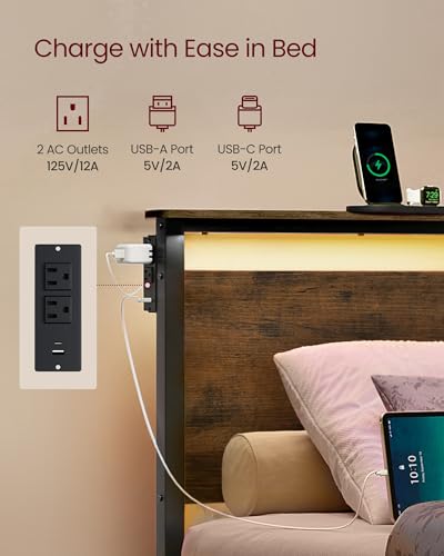 VASAGLE Twin Size Metal Bed Frame with Headboard, Multifunctional Storage, Built-in LED Lights, Charging Station, Bookshelf, Bedside Shelf, Space-Saving, No Box Spring Needed, Rustic Brown URMB963K02 - color: Rustic Brown
