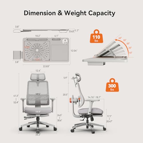 Ergonomic Office Chair-Home Office Desk Chair with Footrest, Auto-Following Backrest & Headrest, 4D Armrests, 96°-136° Recline - color: Grey, size: Laptop Table + Auto-following Headrest