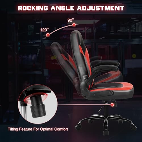 Sweetcrispy Gaming Chair, Lumbar Support Home Office Computer Chair | PU Leather, Flip-up Armrest, Swivel Wheels, Height Adjustable, Video Racing, Red - color: Red