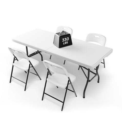 6FT Folding Table Set with 4 Chairs – Heavy-Duty 330 lb Table & 600 lb Chairs, Portable Foldable Furniture Set for Camping, Parties, Indoor & Outdoor Use - color: White Table & Chairs, size: 6ft, style: 4 chairs