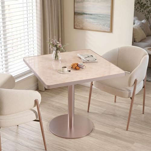 31.5'' Tulip Table, Square Dining Table with Glossy Sintered Stone Tabletop | Rose Gold Aluminum Alloy Edge & Pedestal, Small Bistro Table for Dining Room/Café/Small Spaces/Restaurant (Blush Onyx) - color: Blush Onyx (Rose Gold), size: Square