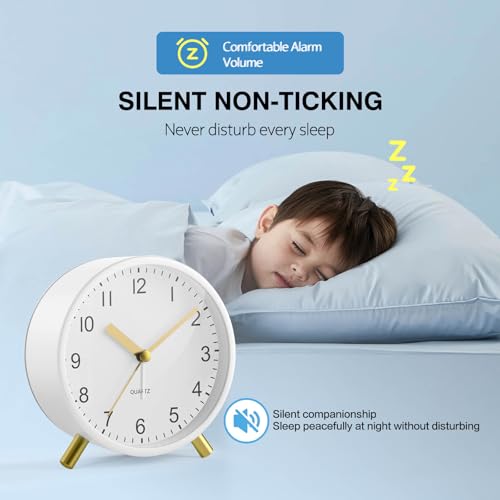 Back to School Silent Analog Quartz Alarm Clock for Kids Bedroom,Night Light, Battery Operated, Fashionable Round Metal - color: White