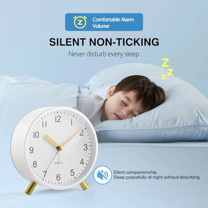Back to School Silent Analog Quartz Alarm Clock for Kids Bedroom,Night Light, Battery Operated, Fashionable Round Metal - color: White