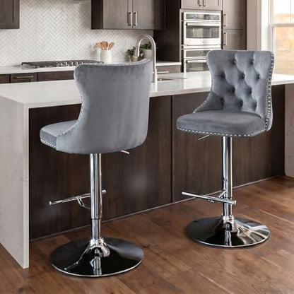 Velvet Bar Stool Set of 2, Adjustable Swivel Bar Stools with Silver Plated Metal Leg, Button Tufted, Footrest, Chrome Nailhead, Counter Height Chair for Kitchen, Bar, Dining Room (Grey) - color: Grey-silver Leg, size: Set of 2