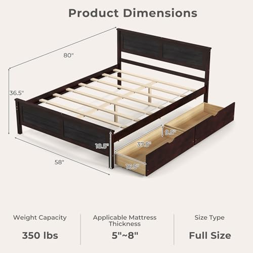 Giantex Wood Full Size Bed Frame with 2 Storage Drawers, Solid Wood Platform Bed with Headboard, Wooden Slats Mattress Foundation, No Spring Needed, Full Bed Frame for Kids, Teens, Adults, Espresso - color: Espresso, size: Full