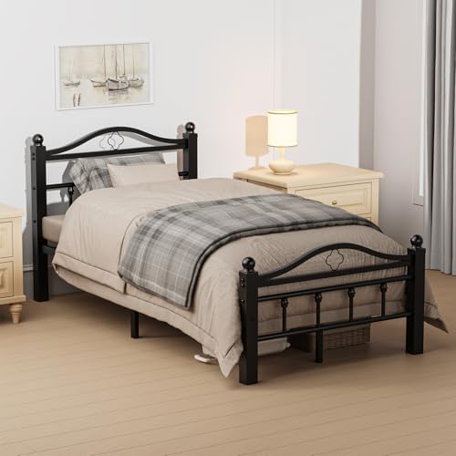 Twin Bed Frames with Headboard | 1500LBS Heavy Duty, Noise Free Design, 12 Inch Under-Bed Storage Space, No Box Spring Needed, Tool-Free Assembly - size: Twin