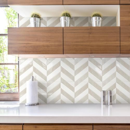STICKGOO Herringbone Peel and Stick Backsplash, White & Beige, 10 Sheets | 12.6 x 9.7 in, Thicker Rectangular Vinyl Stick-On Wall Tiles, Easy Alignment, Waterproof, Easy to Clean, Kitchen/Bathroom - color: White & Beige, size: Pack of 10