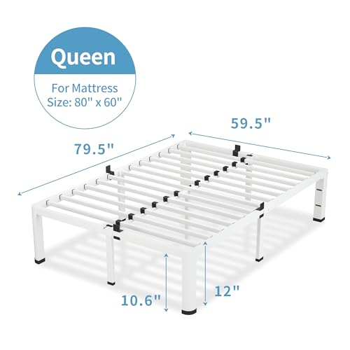12 Inch White Queen Bed Frame with Round Corners No Box Spring Needed | 3500lbs Heavy Duty, Under bed storage, 4 mattress stoppers, Headboard holes, Noise-free, Easy assembly & rubber covers - size: Queen, style: 12 Inch White