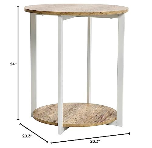 Household Essentials Jamestown Round Side End Table with Storage Shelf, Coastal Oak Rustic Wood Grain and White Metal Frame - color: Coastal Oak