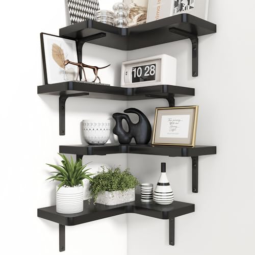 Corner Floating Shelves Set of 4, Wall Mounted L-Shaped Storage - Maximize Unused Corner Space in Bathroom, Kitchen, Bedroom, Office, Jet Black