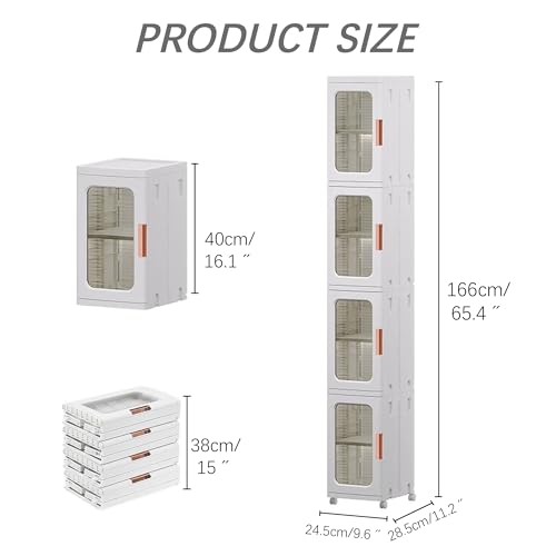 Tall Narrow Storage Cabinet with Movable Wheels, Adjustable Shelves & Magnetic Doors – Foldable Slim Plastic Organizer for Bathroom, Kitchen, Laundry, Ideal for Small Spaces(4-Tier,White) - size: 11.2"D x 9.6"W x 65.4"H