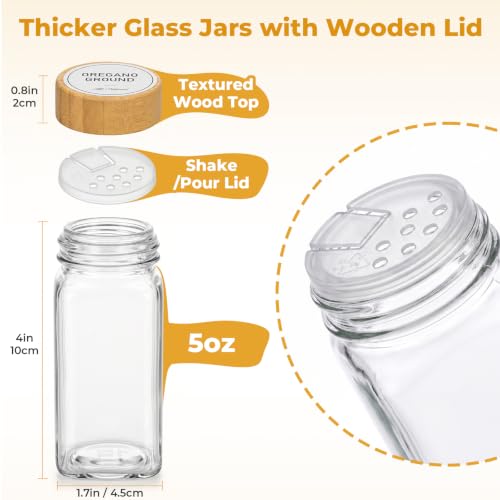 4-Tier Acrylic Spice Rack Organizer with 24 Glass Spice Jars and Wooden Lids, Clear Spice Shelf for Cabinet, Countertop, Pantry, Easy Assembly Seasoning Holder, Compact 11.6" W x 11.4" H