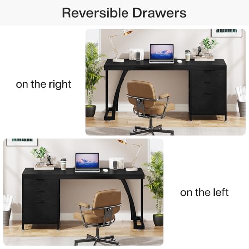 Tribesigns Computer Desk with 3 Drawers, 59-Inch PC Desk with Reversible Drawers, Industrial Study Writing Table Workstation with File Storage for Home Office (Black) - color: Black