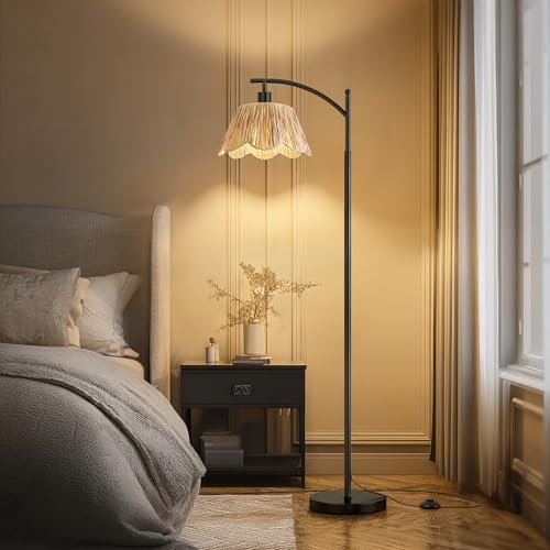 Boho Rattan Floor Lamp for Living Room, Farmhouse Standing Lamp with Hand-Woven Shade, Black Metal Base & Pole, Foot Switch - Corner Reading Lamp for Bedroom - color: Oil Black