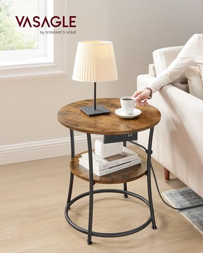 VASAGLE 21.7-Inch Round Side Table, 2-Tier End Table | Nightstand with Steel Frame, Spacious Top, for Small Spaces, Living Room, Bedroom, Rustic Brown and Ink Black ULET077K01 - color: Rustic Brown + Ink Black, style: With Power Strip