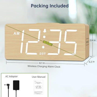 DreamSky Wooden Digital Alarm Clock with Wireless Charging for Bedroom | Bedside Nightstand Clock with Charger Station, USB Port, Large Numbers, Adjustable Volume, Brightness Dimmer, DST - color: Bamboo