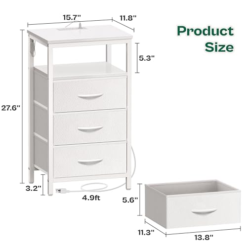 Huuger Night Stand with Charger Station and LED Lights, 3 Drawer Nightstand | Bed Side Table with Open ShelfEnd TableTall Fabric Dresser for Bedroom, PU Leather, White - color: White, size: 11.8"D x 15.7"W x 27.6"H（3 Drawers）