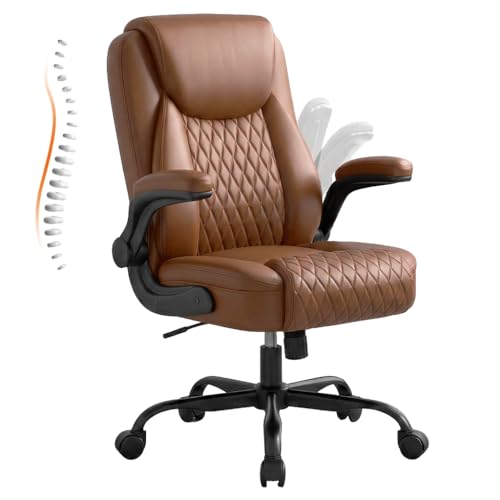 GTPLAYER PU Leather Office Chair, Home Desk Chair with Flip-up Arms, Brown | Ergonomic Back, Comfy Executive Chair for Home Office Gaming, Flexible Rocking, Heavy Duty Chairs - color: Brown