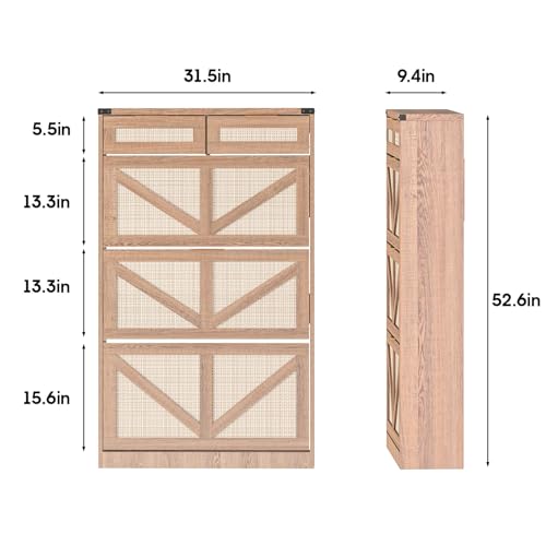Halitaa Shoe Cabinet with 3 Flip Drawers & 2 Drawers,Freestanding Shoe Storage Cabinet for Entryway,Farmhouse Narrow Slim Organizer Rack for Foyer,Hallway,Rustic Oak Rattan - color: Rustic Oak Rattan, style: 3-Drawers