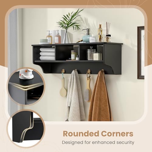 RELAX4LIFE Coat Rack Wall Mount with Shelf, 31’’ Wood Hanging Shelf with Storage, 3 Cubby Compartment & 4 Hooks for Entryway Bathroom Kitchen, Wall Mounted Floating Shelf with Hooks (Black) - color: Black