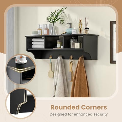 RELAX4LIFE Coat Rack Wall Mount with Shelf, 31’’ Wood Hanging Shelf with Storage, 3 Cubby Compartment & 4 Hooks for Entryway Bathroom Kitchen, Wall Mounted Floating Shelf with Hooks (Black) - color: Black