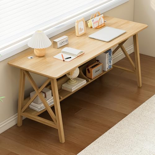 NELYE Extra Long Writing Desk with Bookshelf, 55" Wx20 Dx30 H, Oak | Wooden Home Office Work Study Table, Computer Gaming Workstation with Storage Shelf, Sturdy MDF Resists Wobble - color: Oak, size: 55"W20"D