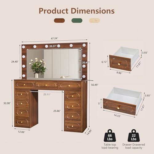 Fluted Vanity Desk with Mirror and Lights, Power Outlets, Modern Wood Vanity Desk Makeup Table with 11 Drawers, 3 Color Modes Dressing Table with Storage for Bedroom, Living Room, Walnut - style: Walnut