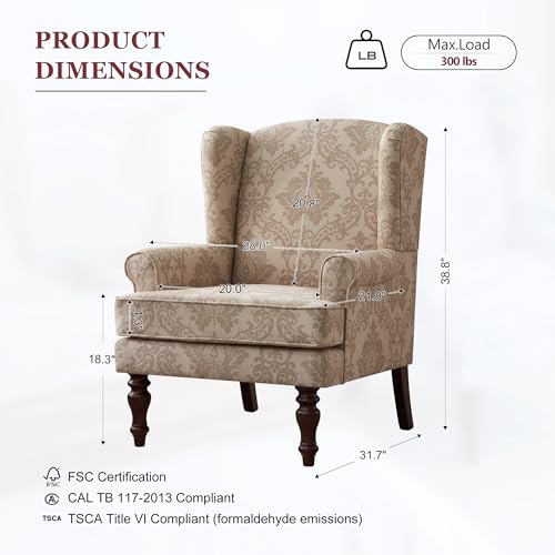 HUIMO Printed Wingback Accent Chair, Linen Upholstered High Back Armchair, Comfy Reading Chair for Living Room Bedroom Study, 300lbs Weight Capacity (1, Brown Floral) - color: Brown Floral