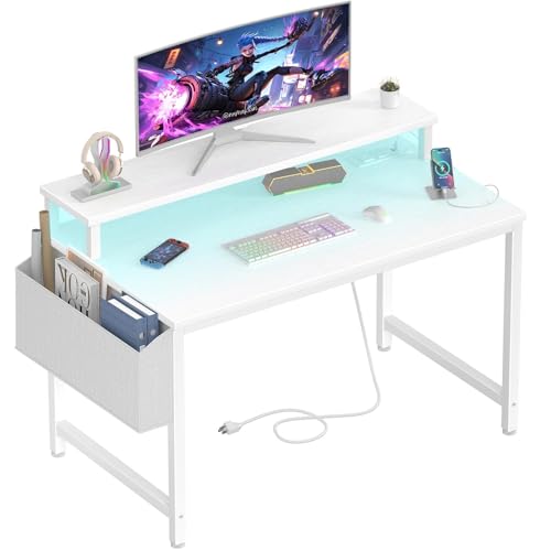 Lufeiya Small White Desk with LED Lights and Power Outlets, 32 Inch Home Office Computer Desks with Monitor Stand, Teen Writing Study Table Gaming Desk with Charging Station, White - color: White, size: 31.5"