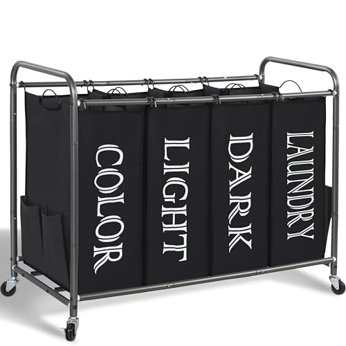 STORAGE MANIAC Laundry Sorter 4 Section, 47.5 Gal (180 L) Laundry Hamper with Wheels, Clothes Divider Basket Sorter, Separator Hamper Cart with Removable Bags, Label Black - color: Lable Black, size: 4 Section