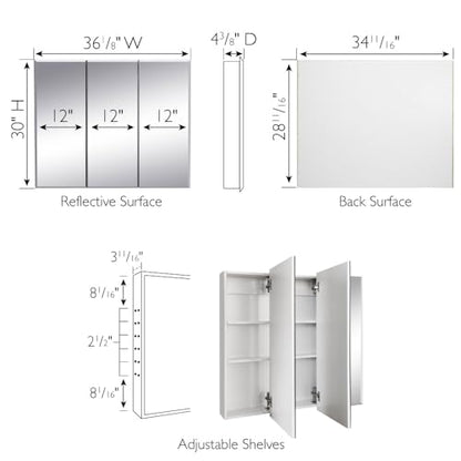 Design House Cyprus Medicine Cabinet, 3 Frameless Mirrored Doors, 2 Adjustable Shelves, Pre-Assembled, Surce or Recess-Mounted, White, 36.3 in. W x 4.4 in. D x 30.1 in. H, 590265 | Adjustable Shelves, Wall Mount, Contemporary/Modern, Wood, Bath, 590265 -