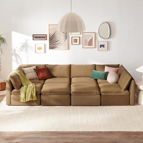 mopio Oversized Modular Sectional Sofa with Fully Removable Covers and Storage, Convertible U, L-Shaped and Sleeper Sectional, Modern Couches with Ottoman Chaise (Hazelnut Velvet, 8 Seats, Sleeper) - color: [Gen 2] Hazelnut Velvet, size: 8 Seats, Sleeper