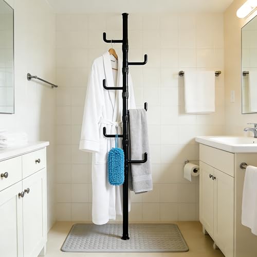 Floor to Ceiling Clothes Drying Rack, Adjustable Tension Pole Laundry Rack for Balcony. Vertical Coat Hanger Stand for Bathroom Bedroom, No Drilling Easy Install Space Saving (Black) - color: Black